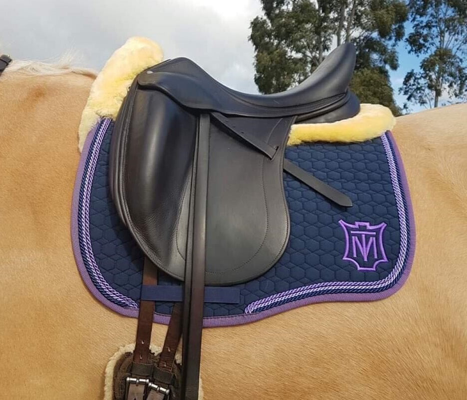 Navy Quilt, Purple trimmings and Natural Sheepskin