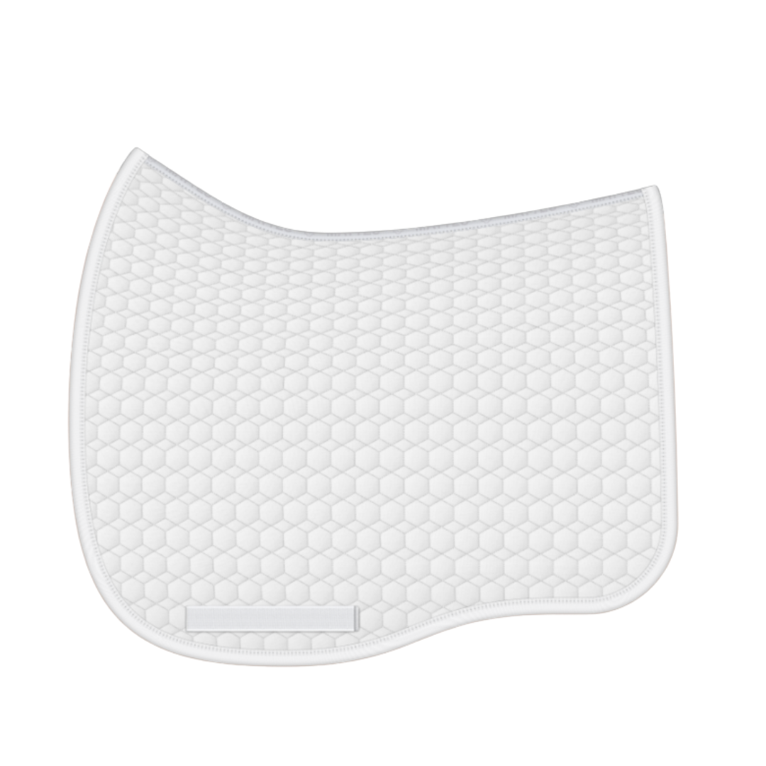 A white quilted horse saddle pad with a hexagonal pattern and a hook-and-loop closure tab, shown on a solid white background.